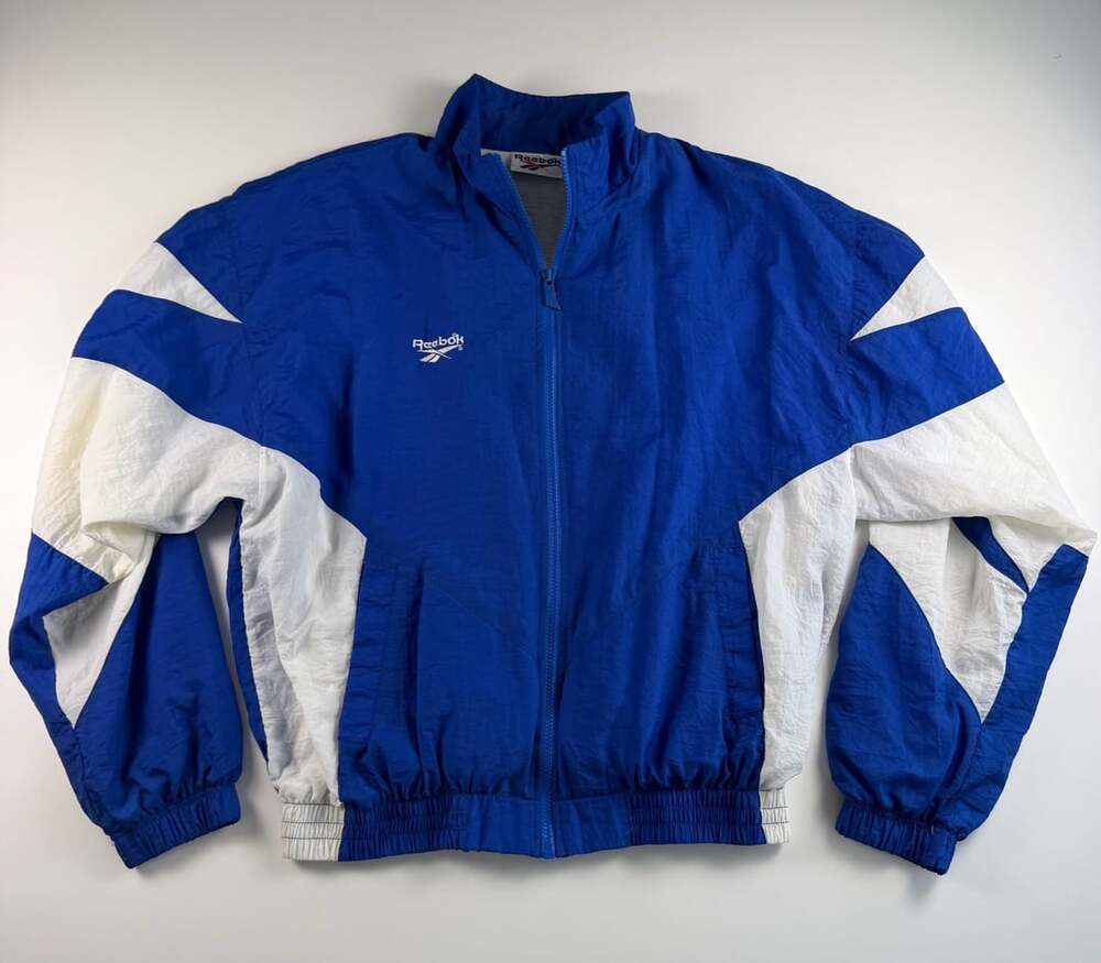 Vintage 90s Reebok Windbreaker Jacket Blue White Colorblock Nylon Mens L